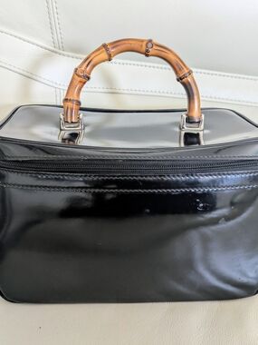 Gucci Black Patent Leather Vanity Case Handbag Bamboo Top-Handle Vintage